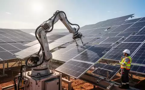 Ein Industrieroboter installiert großflächig Solarmodule auf einem Photovoltaik-Freiflächenpark unter freiem Himmel. - Foto: über boerse-global.de