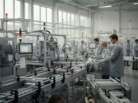 Ein moderner, heller Fertigungsbereich einer deutschen Industrieanlage mit Mitarbeitern an einer Produktionslinie. - Foto: über boerse-global.de
