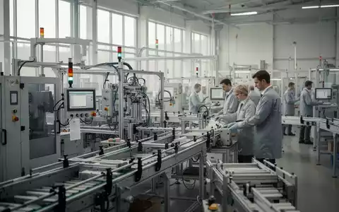 Ein moderner, heller Fertigungsbereich einer deutschen Industrieanlage mit Mitarbeitern an einer Produktionslinie. - Foto: über boerse-global.de