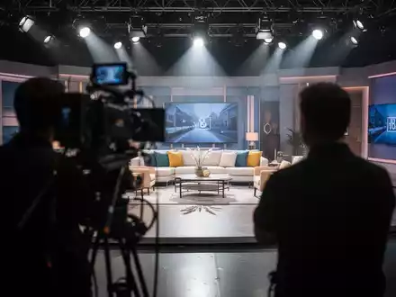 Ein Blick hinter die Kulissen eines TV-Fernsehstudios mit hell beleuchtetem Bühnenbild und professioneller Kameratechnik. - Foto: über boerse-global.de