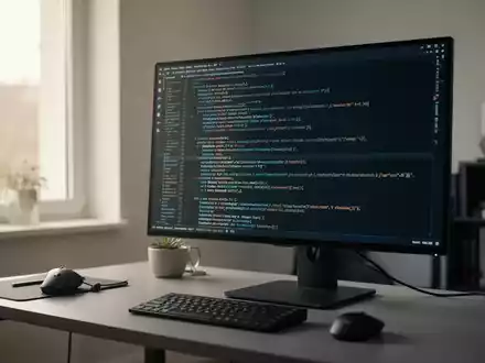 Ein moderner, minimalistischer Arbeitsplatz mit einem Computerbildschirm, der abstrakten Programmcode in natürlichem Tageslicht zeigt. - Foto: über boerse-global.de