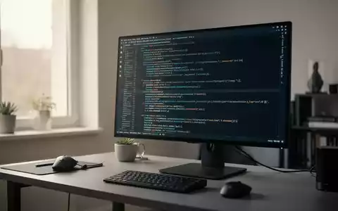 Ein moderner, minimalistischer Arbeitsplatz mit einem Computerbildschirm, der abstrakten Programmcode in natürlichem Tageslicht zeigt. - Foto: über boerse-global.de