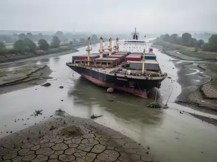 Ein großes Frachtschiff liegt auf dem ausgetrockneten Flussbett des Rheins bei extremem Niedrigwasser. - Foto: über boerse-global.de