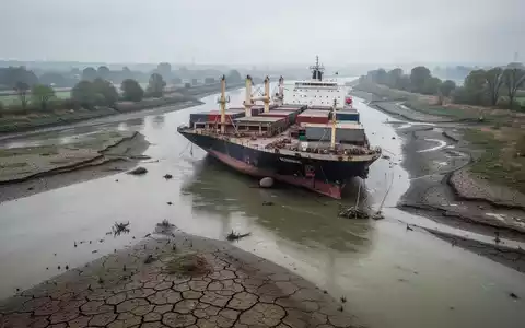 Ein großes Frachtschiff liegt auf dem ausgetrockneten Flussbett des Rheins bei extremem Niedrigwasser. - Foto: über boerse-global.de