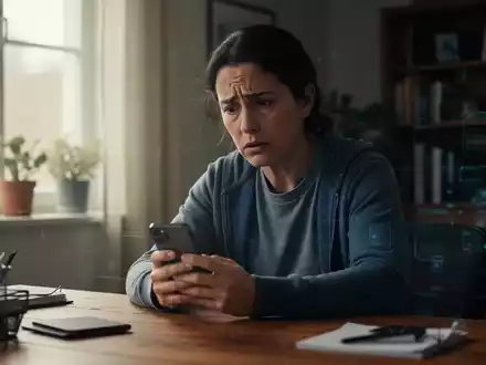 Eine besorgte Person schaut auf ihr Smartphone, während sie an einem Schreibtisch sitzt. - Foto: über boerse-global.de