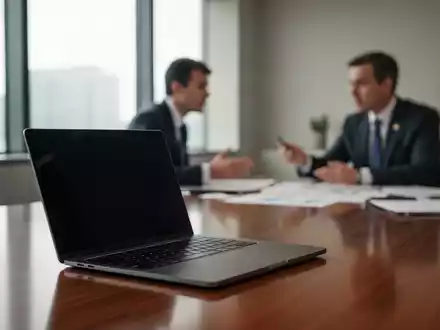 Ein moderner, minimalistischer Regierungsarbeitsplatz mit einem Laptop auf einem Schreibtisch vor einem unscharfen Hintergrund. - Foto: über boerse-global.de