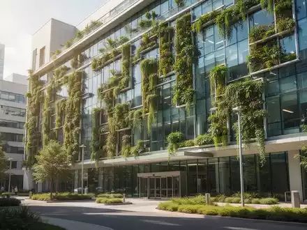 Moderne Spitalarchitektur mit integrierten Fassadenbegrünungen an einem sonnigen Tag. - Foto: über boerse-global.de
