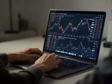 Nahaufnahme einer Person an einem Laptop in einem modern eingerichteten Büro mit verschwommenen Finanzdiagrammen. - Foto: über boerse-global.de