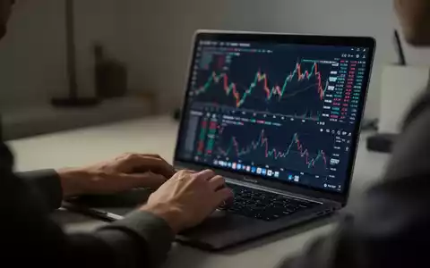 Nahaufnahme einer Person an einem Laptop in einem modern eingerichteten Büro mit verschwommenen Finanzdiagrammen. - Foto: über boerse-global.de