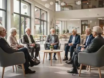 Eine Gruppe von Senioren und Fachleuten im Gespräch bei einer Konferenz in einem hellen Gemeindezentrum. - Foto: über boerse-global.de