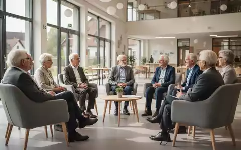 Eine Gruppe von Senioren und Fachleuten im Gespräch bei einer Konferenz in einem hellen Gemeindezentrum. - Foto: über boerse-global.de