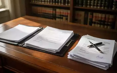 Ein hölzerner Schreibtisch mit juristischen Unterlagen, einem Füllfederhalter und einem Ordner in einem hellen Büro. - Foto: über boerse-global.de