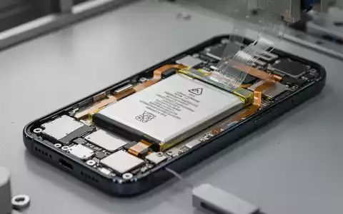 Detailaufnahme einer Smartphone-Batterie und interner Hardwarekomponenten während der Montage auf einem Werktisch. - Foto: über boerse-global.de