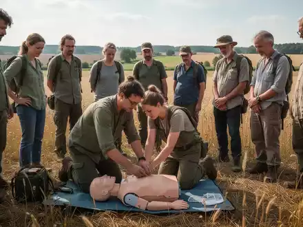 Menschen bei einem Workshop zur Ersten Hilfe und Krisenvorsorge auf einem Feld in Brandenburg. - Foto: über boerse-global.de