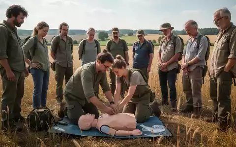 Menschen bei einem Workshop zur Ersten Hilfe und Krisenvorsorge auf einem Feld in Brandenburg. - Foto: über boerse-global.de