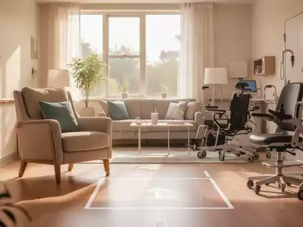 Ein helles, modern und barrierefrei gestaltetes Wohnzimmer mit ergonomischen Möbeln in einer freundlichen, wohnlichen Atmosphäre. - Foto: über boerse-global.de