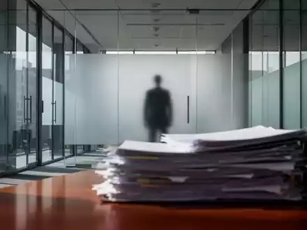 Ein minimalistischer Flur in einem modernen Behördengebäude mit unkenntlichen Aktenstapeln und einer Glaswand. - Foto: über boerse-global.de