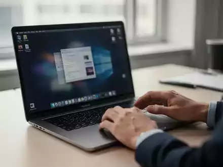 Ein moderner Schreibtisch mit einem geöffneten Laptop in einem hellen, professionellen Arbeitsumfeld. - Foto: über boerse-global.de