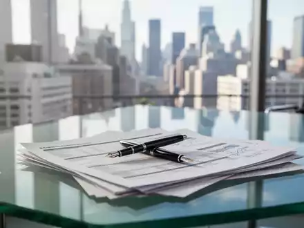 Ein moderner Schreibtisch in einem Büro mit Finanzunterlagen und Blick auf eine Geschäftsviertel-Skyline. - Foto: über boerse-global.de