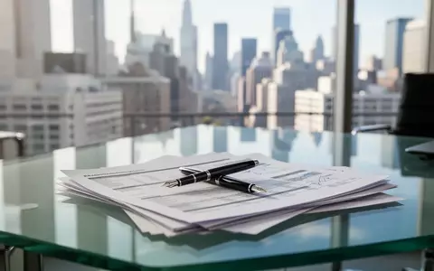 Ein moderner Schreibtisch in einem Büro mit Finanzunterlagen und Blick auf eine Geschäftsviertel-Skyline. - Foto: über boerse-global.de