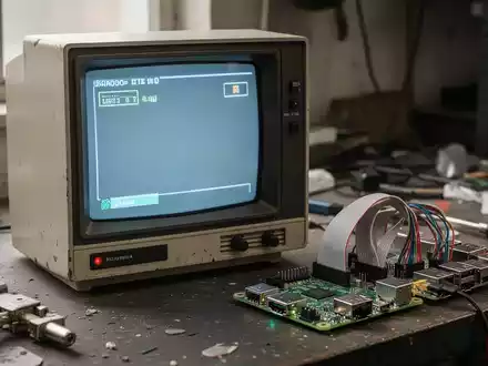 Ein Raspberry Pi 4 ist mit einem alten Röhrenmonitor verbunden, der auf einer Werkbank in einer Industrieumgebung steht. - Foto: über boerse-global.de