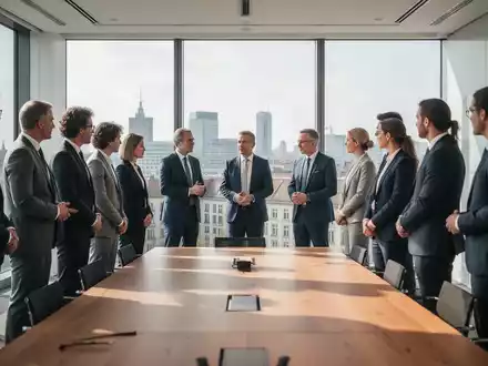 Eine Gruppe von Fachleuten in einem modernen Konferenzraum in Berlin bei einer gemeinsamen Diskussion. - Foto: über boerse-global.de