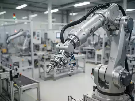 Ein moderner Industrieroboterarm in einer hellen, hochtechnisierten Produktionshalle während des Fertigungsprozesses. - Foto: über boerse-global.de