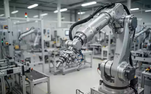 Ein moderner Industrieroboterarm in einer hellen, hochtechnisierten Produktionshalle während des Fertigungsprozesses. - Foto: über boerse-global.de