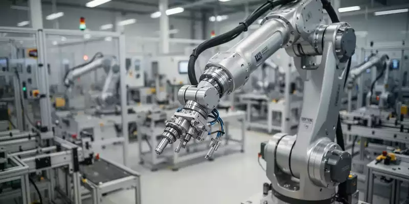 Ein moderner Industrieroboterarm in einer hellen, hochtechnisierten Produktionshalle während des Fertigungsprozesses. - Foto: über boerse-global.de