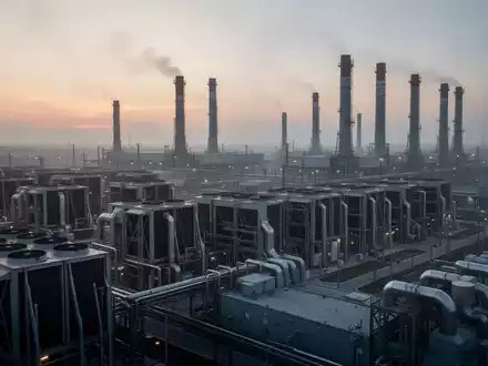 Industrielles Rechenzentrum mit großen Kühlanlagen und Abgasschornsteinen bei Dämmerung. - Foto: über boerse-global.de