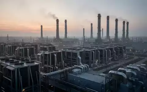 Industrielles Rechenzentrum mit großen Kühlanlagen und Abgasschornsteinen bei Dämmerung. - Foto: über boerse-global.de