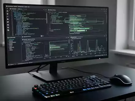 Moderner Arbeitsplatz mit sauberer Code-Oberfläche auf hochauflösendem Monitor in einem sanft beleuchteten, professionellen Büro. - Foto: über boerse-global.de