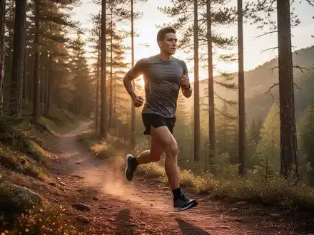 Eine Person beim Joggen auf einem Waldweg während der goldenen Stunde zur Veranschaulichung sportlicher Aktivität. - Foto: über boerse-global.de