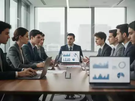 Junge Berufstätige in einem modernen Bürogebäude bei einer strategischen Besprechung am Konferenztisch. - Foto: über boerse-global.de