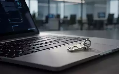 Ein Laptop und ein Sicherheitsschlüssel auf einem Schreibtisch in einem modernen Büro als Symbol für IT-Sicherheit. - Foto: über boerse-global.de
