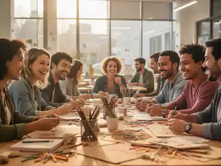 Eine diverse Gruppe von Menschen sitzt gemeinsam an einem Tisch in einem Gemeindezentrum und unterhält sich angeregt. - Foto: über boerse-global.de