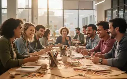 Eine diverse Gruppe von Menschen sitzt gemeinsam an einem Tisch in einem Gemeindezentrum und unterhält sich angeregt. - Foto: über boerse-global.de
