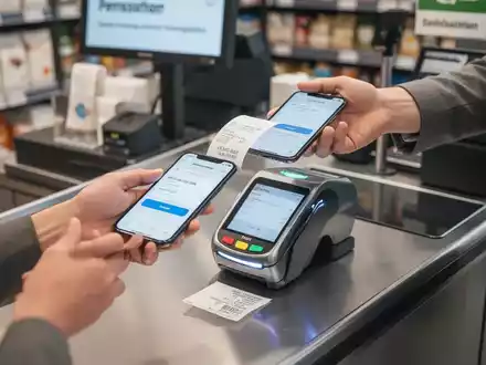 Ein Kunde hält ein Smartphone an ein kontaktloses Bezahlterminal an einer Ladenkasse, um einen digitalen Beleg zu erhalten. - Foto: über boerse-global.de