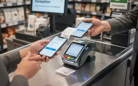 Ein Kunde hält ein Smartphone an ein kontaktloses Bezahlterminal an einer Ladenkasse, um einen digitalen Beleg zu erhalten. - Foto: über boerse-global.de