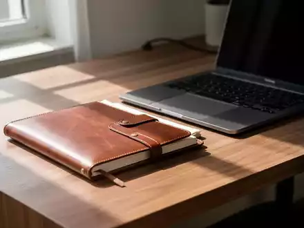 Ein aufgeräumter Schreibtisch mit einem Notizbuch und einem Laptop in hellem Tageslicht als Symbol für digitale Vorsorge. - Foto: über boerse-global.de
