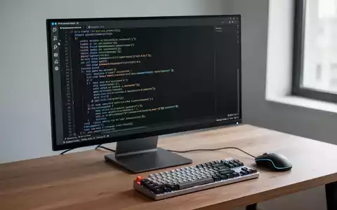Ein moderner Arbeitsplatz mit einem Monitor, auf dem Quellcode in einem Editor zu sehen ist, in einer hellen Büroumgebung. - Foto: über boerse-global.de