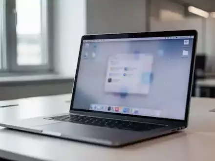 Ein moderner Laptop in einer Büroumgebung mit verschwommenem Bildschirm vor einem Fenster. - Foto: über boerse-global.de