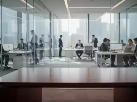 Ein modernes Bürogebäude mit Finanzexperten im Hintergrund und einem leeren Schreibtisch im Fokus. - Foto: über boerse-global.de
