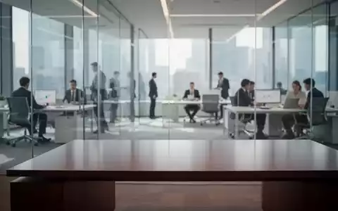 Ein modernes Bürogebäude mit Finanzexperten im Hintergrund und einem leeren Schreibtisch im Fokus. - Foto: über boerse-global.de