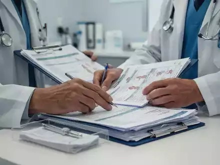 Medizinische Fachkraft bei der Durchsicht klinischer Patientenunterlagen in einer modernen Arztpraxis. - Foto: über boerse-global.de