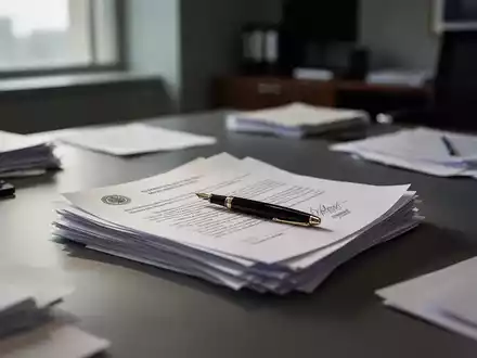 Stapel offizieller Unterlagen und ein Füllfederhalter auf einem Schreibtisch in einem Büro. - Foto: über boerse-global.de