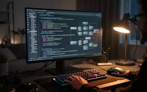 Ein Softwareentwickler arbeitet in einem abgedunkelten Büro an komplexen Codezeilen auf einem Computermonitor. - Foto: über boerse-global.de