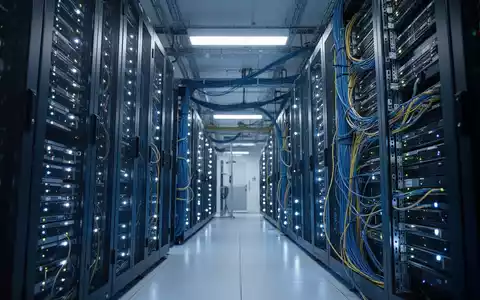 Reihen von Server-Racks in einem modernen Rechenzentrum mit blauer Beleuchtung. - Foto: über boerse-global.de