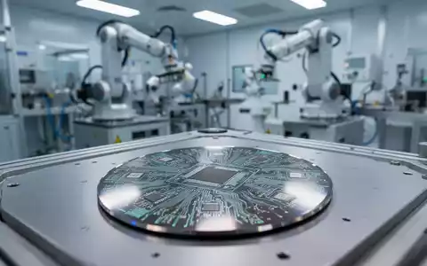 Ein Silizium-Wafer mit Mikrochip-Strukturen in einer modernen Halbleiter-Fertigungsanlage unter klinischer Beleuchtung. - Foto: über boerse-global.de