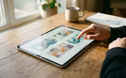 Ein Tablet auf einem Holztisch zeigt digitale Designentwürfe für neue Euro-Banknoten zur öffentlichen Abstimmung. - Foto: über boerse-global.de